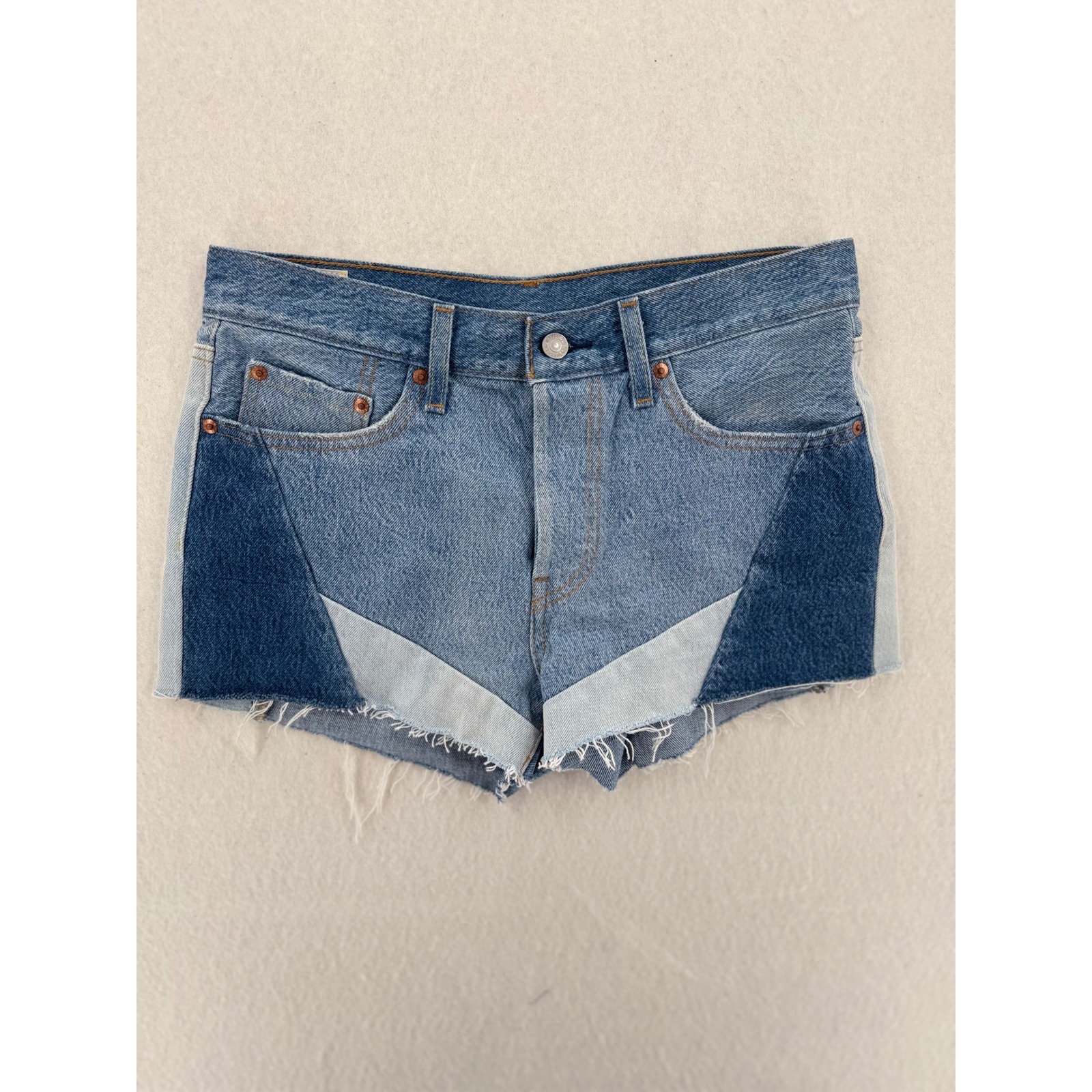 Levis Premium 501 Patchwork Denim Shorts Multi Tone Blue High Waist Cut Off